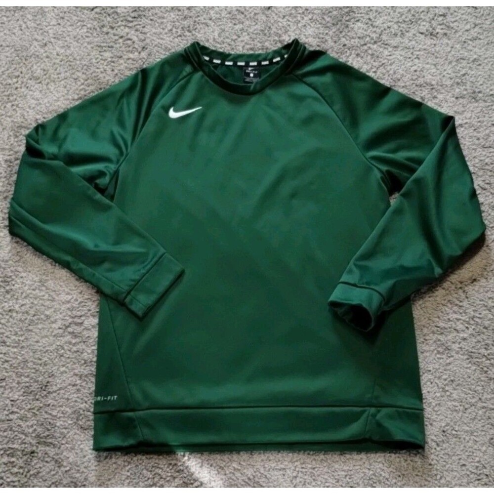 Nike Dri-FIT Mens Long Sleeve Green Fleece Lined Pullover Shirt Size L Crew Neck
